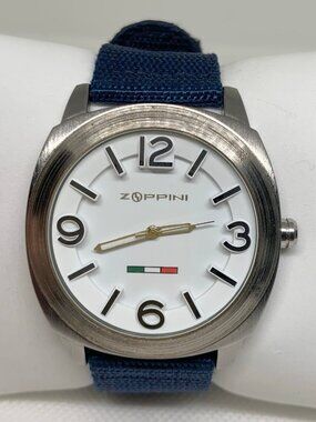 Zoppini Mens viva italian watch 42mm silver quartz white dial navy band running